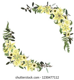 Vector floral bouquet design set, green forest leaf, fern, branches, buxus, eucalyptus. Flowers of yellow, white lily, gerbera, dahlia. Watercolor style, herbs. Wedding for invite card
