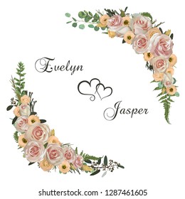 Vector floral bouquet design set, green forest leaf, brunia, fern, branches boxwood, buxus, eucalyptus, tea roses and chamaelaucium. Watercolor style, herbs. Wedding for invite card Isolated elements
