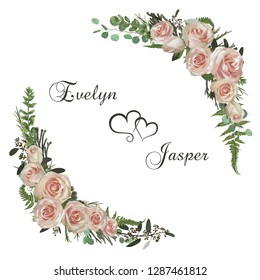 Vector floral bouquet design set, green forest leaf, brunia, fern, branches boxwood, buxus, eucalyptus, eustoma, tea roses and chamaelaucium. Watercolor style, herbs. Wedding for invite card Isolated 