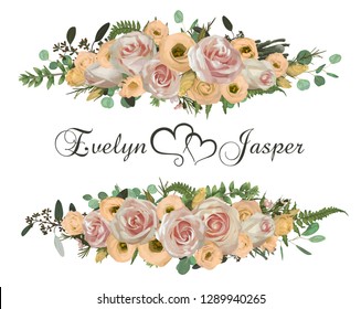 Vector floral bouquet design set, green forest leaf, brunia, fern, branches boxwood, buxus, eucalyptus, tea roses and chamaelaucium. Watercolor style, herbs. Wedding for invite card Isolated elements
