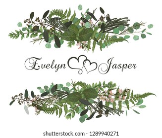 Vector floral bouquet design set, green forest leaf, brunia, fern, branches boxwood, buxus, eucalyptus and chamaelaucium. Watercolor style, herbs. Wedding for invite card Isolated elements