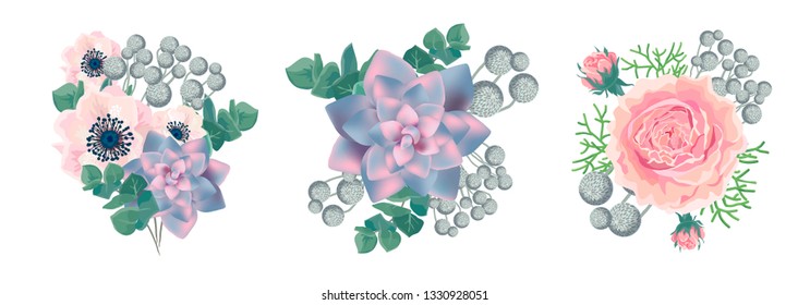 Vector floral bouquet design: succulents, creamy powder pale Rose wax flower, anemone Eucalyptus branch greenery leaves berry. Wedding vector invite card designer element set