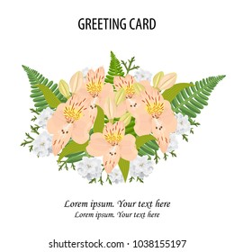 Vector floral bouquet design.Garden pink peach Alstroemeria flower,branch green fern palm leaves,Achillea ptarmica,yarrow.Watercolor designer element. Wedding vector invite illustration postcard