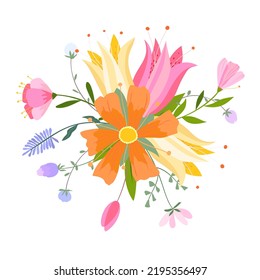 Vector floral bouquet illustration. Set of leaves, wildflowers, twigs, floral arrangements. Beautiful compositions of field grass and bright spring flowers