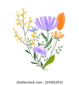 Vector floral bouquet illustration. Set of leaves, wildflowers, twigs, floral arrangements. Beautiful compositions of field grass and bright spring flowers