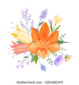 Vector floral bouquet illustration. Set of leaves, wildflowers, twigs, floral arrangements. Beautiful compositions of field grass and bright spring flowers
