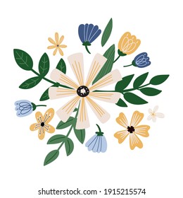 Vector floral bouquet with leaves, plant and bloom flower. Doodle flower arrangement, blooming posy. Flat botanical illustration 