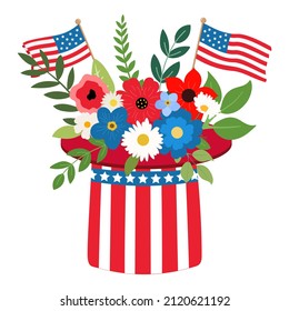 Vector floral bouquet with red, white, and navy blue flowers and green leaves. Great for holiday cards, 4th of July banners. Isolated on white background.