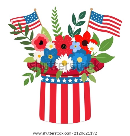 Vector floral bouquet with red, white, and navy blue flowers and green leaves. Great for holiday cards, 4th of July banners. Isolated on white background.