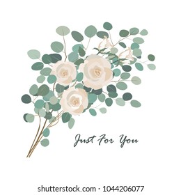 Vector floral bouquet with rose flower and eucalyptus branch greenery. Vector design element isolatedon white.