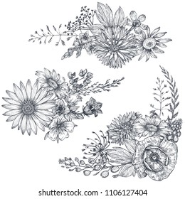 Vector floral bouquets with herbs and wildflowers.