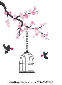 vector floral branch with doves holding hearts flying to the open cage