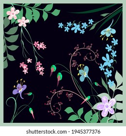 Vector floral branch pattern, a bouquet of decorative wildflowers in pastel colors on a black background for the design of a scarf, fabric, hijab