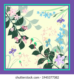 Vector floral branch pattern, a bouquet of decorative wildflowers in pastel colors on a yellow background for the design of a scarf, fabric, hijab