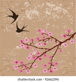 vector floral branch and swallows on grunge background