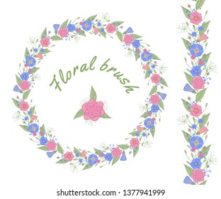 Vector floral brush and floral garland. Beautiful wreath frame of hand-drawn floral elements. Rose and blue cute flowers with leaves and sprigs. Greeting card or invitation template isolated on white