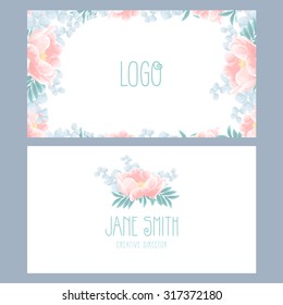 Vector floral business card template with beautiful peonies