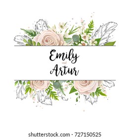 Vector floral card art wedding watercolor Invitation card design: floral garden powder white light rose Rose flower green Eucalyptus agonis leaf hand drawn line feathers, bead Boho border frame invite