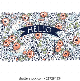 vector floral card with cute animals and blooming roses