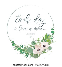 Vector, Floral card design with elegant bouquet wreath with pink anemone flowers, cute white lilac buds, astilbe, forest greenery, delicate herbs, leaves, eucalyptus branches. Wedding invite, greeting