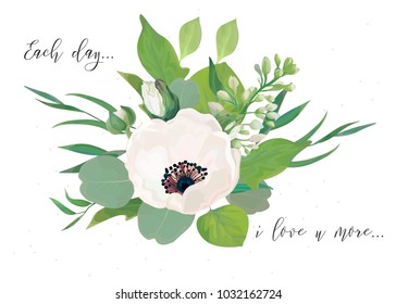 Vector Floral card design with elegant bouquet of pink anemone flowers, cute white lilac buds, astilbe, forest greenery, delicate herbs, leaves, eucalyptus branches. All elements editable and isolated