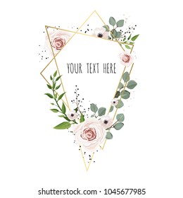 Vector Floral card design with elegant bouquet wreath with pink anemone flowers and rose. Greeting design with beautiful spring flowers. eps10