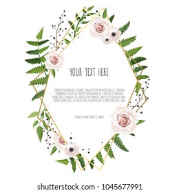 Vector Floral card design with elegant bouquet wreath with pink anemone flowers and rose. Greeting design with beautiful spring flowers. eps10