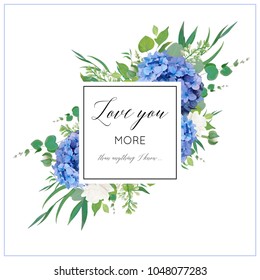 Vector floral card design with elegant bouquet of blue hydrangea flowers, white garden roses, green eucalyptus, lilac branches, greenery leaves  berries &  square copy space. Wedding invite, greeting
