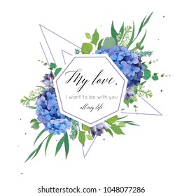 Vector floral card design with elegant bouquet of blue hydrangea flowers, violet succulents, green eucalyptus, lilac, greenery leaves berries, geometrical decoration. Wedding invite,
cute greeting Vector floral card design with elegant bouquet of blue hydrangea flowers, violet succulents, green eucalyptus, lilac, greenery leaves berries, geometrical decoration. Wedding invite,
cute greeting