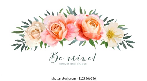 Vector Floral Card Design: Garden Pink Peach, Creamy Orange Rose, Yellow White Magnolia Flower, Eucalyptus, Olive Branches Greenery And Green Leaves Wreath Bouquet. Wedding Watercolor Invite, Greeting