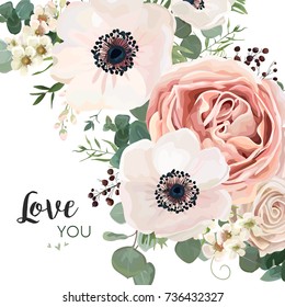 Vector floral card design: garden flower pink peach Rose white Anemone wax green Eucalyptus leaves elegant greenery berry in watercolor. Vector elegance decorative invite postcard elegant illustration