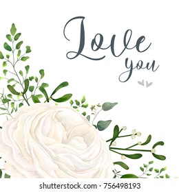 Vector floral card design: garden white, creamy Ranunculus flower, green Eucalyptus, greenery fern mistletoe leaves & berry bouquet. Wedding vector invitation, greeting. Watercolor style cute template