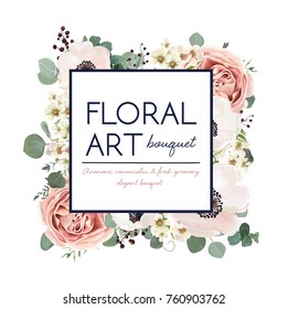 Vector floral card design: garden flower pink peach Rose white Anemone wax green Eucalyptus leaves elegant greenery berry in watercolor. Vector editable decorative invite postcard elegant illustration