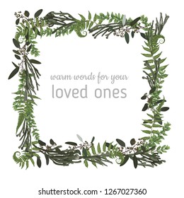 Vector floral card design. Green fern forest leaves herbs, eucalyptus, brunia, boxwood. Natural botanical Greeting wedding invite editable template.square Frame border with copy space
