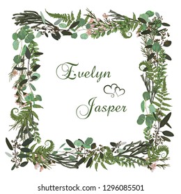 Vector floral card design. Green fern forest leaves herbs, eucalyptus, brunia, boxwood. Natural botanical Greeting wedding invite editable template.square Frame border with copy space
