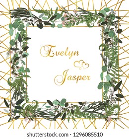 Vector floral card design. Green fern forest leaves herbs, eucalyptus, brunia, boxwood. Natural botanical Greeting wedding invite editable template.square Frame border with copy space
