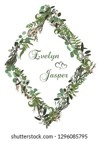 Vector floral card design. Green fern forest leaves herbs, eucalyptus, brunia, boxwood. Natural botanical Greeting wedding invite editable template rhombus, rhomb. Frame border with copy space