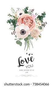 Vector floral card design: Rose peach pink flower white Anemone wax green Eucalyptus leaves elegant watercolor greenery. Vector elegance decorative invite love you quote postcard elegant illustration
