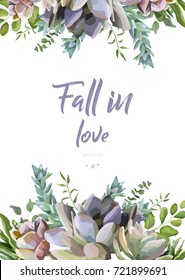 Vector floral card design: Succulent flower plant watercolor hand drawn beautiful border. Vector elegant art of greenery eucalyptus green leaf illustration. Lovely botanical cactus frame & copy space
