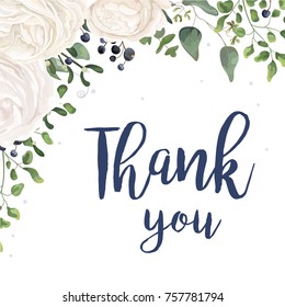 Vector Floral Card Design With Watercolor White Rose Ranunculus Garden Flower Privet Blue Berry Eucalyptus Mistletoe Fern Leaf Bouquet, Lovely Frame Border. Wedding Invite Thank You Card Cute Template