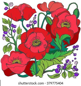 Vector floral card with flowers and leaves. Poppies. Hand drawn background, sketch illustration. 