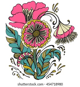 Vector floral card with flowers and leaves in doodle style. Hand drawn vintage background, spring sketch illustration. Bouquet.