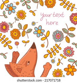 Vector floral card with fox character and flowers.