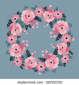 Vector floral card frame. Frame of cute flowers, leafs and buds, arranged in a shape of the wreath. Perfect for wedding invitations, cards and textile
