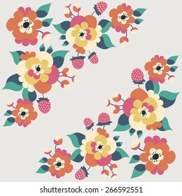 Vector floral card frame. Set of cute flowers, berries and leaves, perfect for wedding invitations and birthday cards