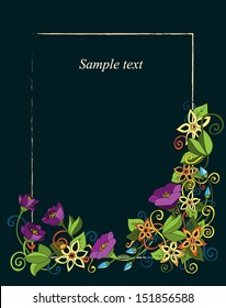 Vector floral card, hand drawn retro flowers and leaves on the dark background