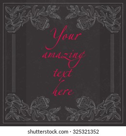 Vector floral card. Hand drawn meadow with flowers.Luxury antique art deco monochrome hipster minimal vintage linear frame , border , label  for your logo, badge or crest for cafe, restaurant,boutique