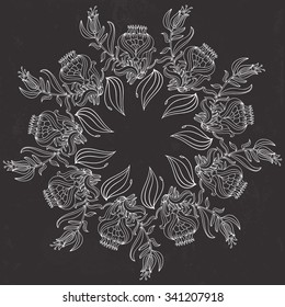 Vector floral card. Hand drawn meadow with flowers.Luxury antique art deco monochrome linear frame   for your logo, badge or crest for cafe, restaurant,boutique.