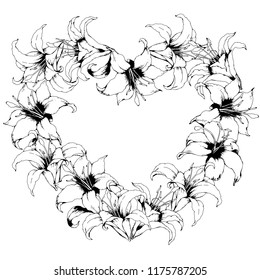 Vector floral card with heart shape made from hand drawn lilies