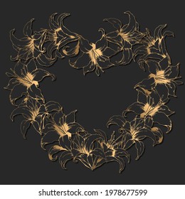 Vector floral card with heart shape frame made from hand drawn golden lilies isolated on black background. Botanical design template for wedding invitation, card, brochure, cover